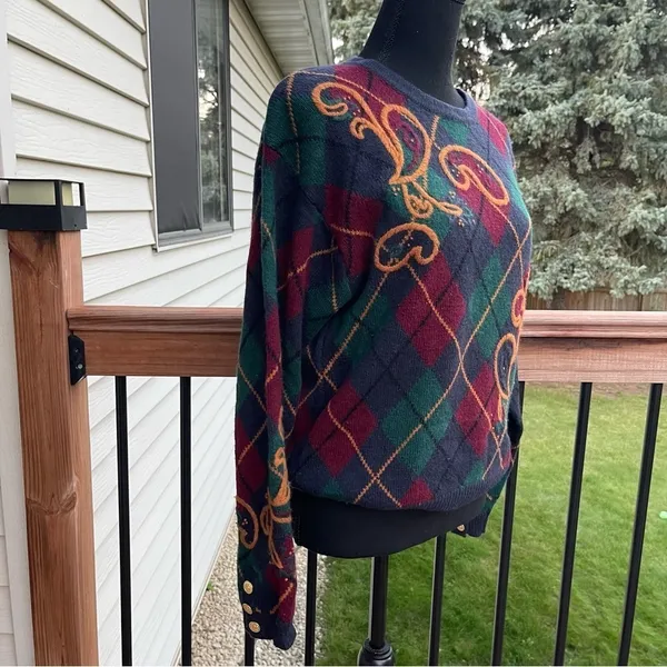Vtg JH Collectibles Argyle Wool Sweater Gold Buttons Women’s Medium Academia - Image 2