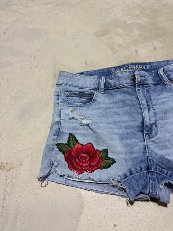 American Eagle Outfitters Blue Denim hi-rise shortie Red Rose Embroidery 14 - Image 2