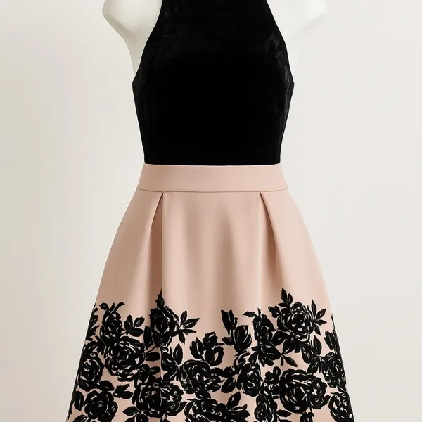 Velvety Y2K Trixxi Black Floral Fit & Flare Cocktail Dress S New Years Eve Party - Image 4