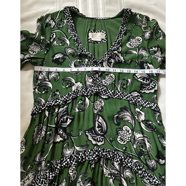 Anthropologie Robin Boho Tiered Ruffled V-Neck Dress Green Motif Size Small - Image 9