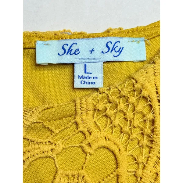 She + Sky‎ Crochet Mini Dress Large Mustard Yellow Floral Lace Shift Boho Retro - Image 7