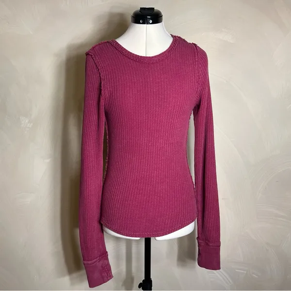 FREE PEOPLE We The Free Womens Roll With It Ribbed Distressed Thermal Shirt|Sz:S - Image 6