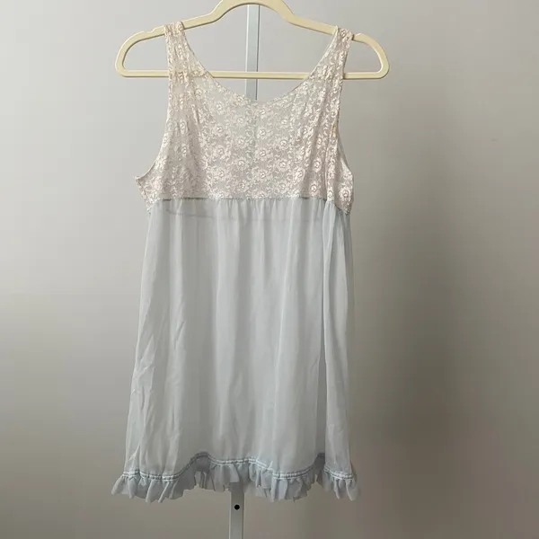 Vintage S Blue 60s Lace‎ Bodice Sheer Babydoll Nightgown Ruffle Hem Lingerie - Image 5