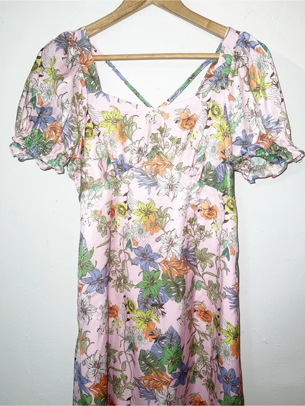 FOF Pink Floral Puff-Sleeve Short Sleeve Midi Summer Dress New - Image 2