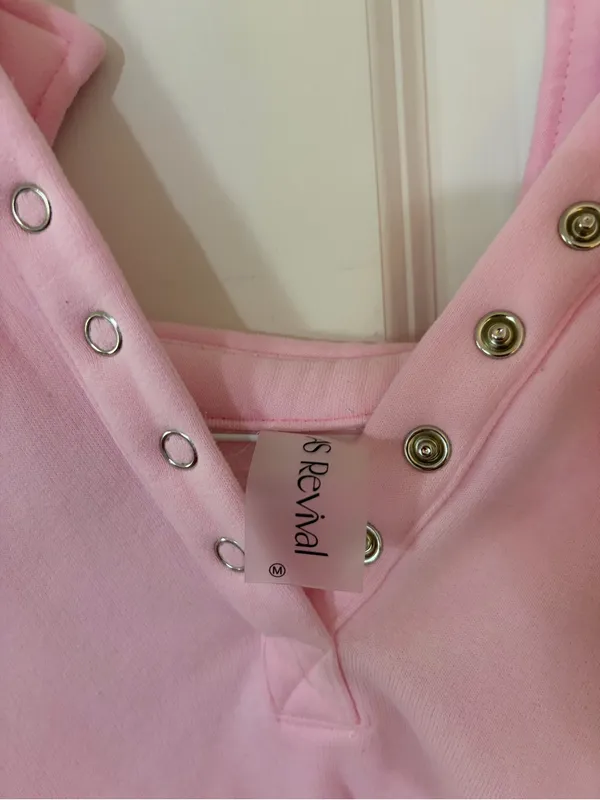 As Revival Cozy Light Pink Hooded Pullover Sweatshirt with Snap-Trim V-Neck - Image 3