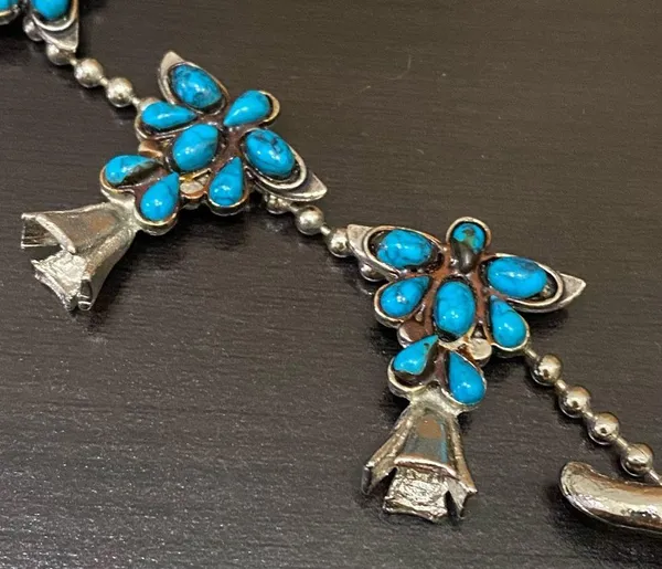 Vintage Kachina Mask Faux Turquoise Southwestern Style Squash Blossom Necklace - Image 11