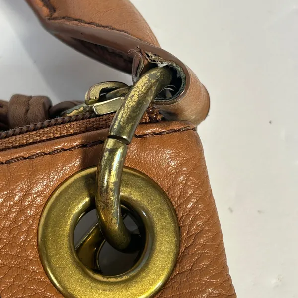 Fossil Cognac Brown Pebbled Leather Convertible Crossbody Bag Antique Brass‎ Zip - Image 8