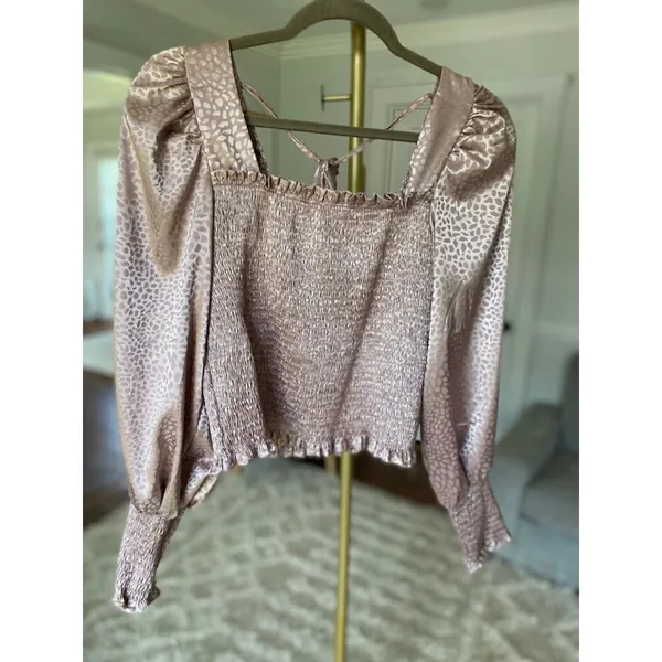 She‎ & Sky Smocked Crop Top Puff Sleeve Cheetah Print Metallic Date Night Summer - Image 2