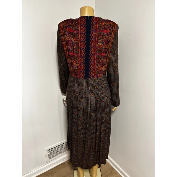 Vintage First Focus NWT Paisley Geometric Maxi Dress Brown Red Size 13/14 Retro - Image 6