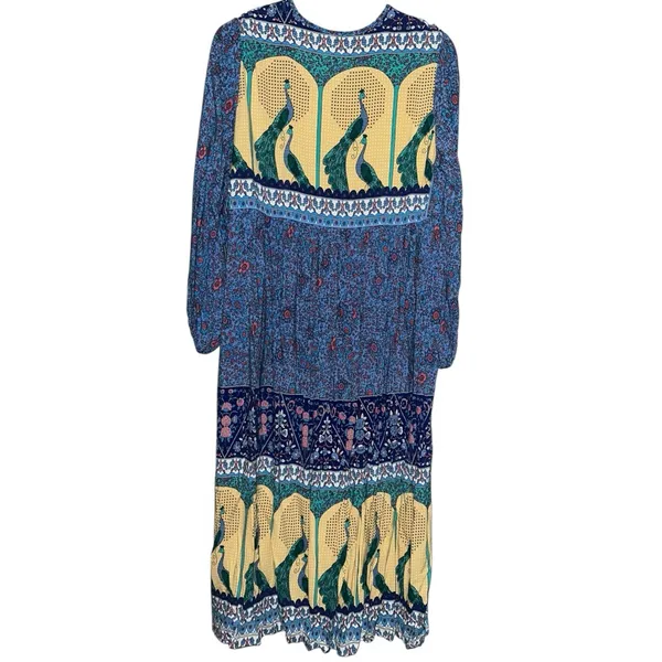 R. Vivimos Size XL 16 18 Blue Floral Print Long Sleeve V Neck Tassel Midi Dress - Image 4