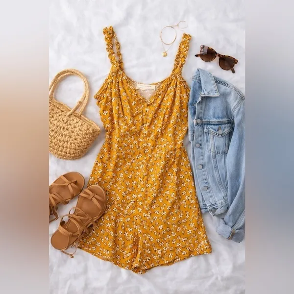 Urban Outfitters Mustard Floral Romper Ruffle Strap Button‎ Front Cottagecore M - Image 2