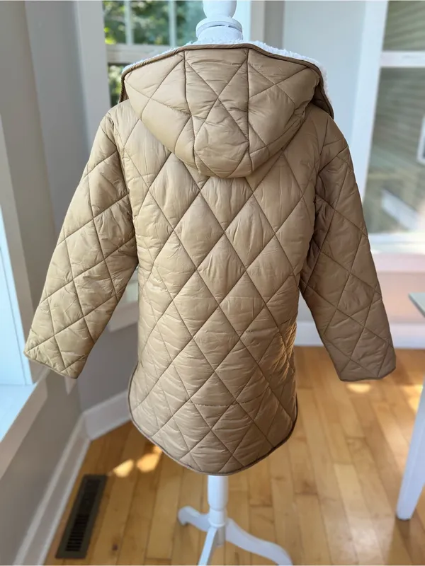 Abercrombie & Fitch Quilted Tan Puffer Jacket with White Sherpa Collar Sz Small - Image 5