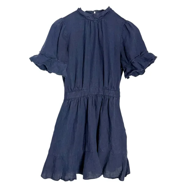 Frame Navy Linen Scallop Mock Neck Flounce Ruffle A-Line Flare Mini Dress XS - Image 3