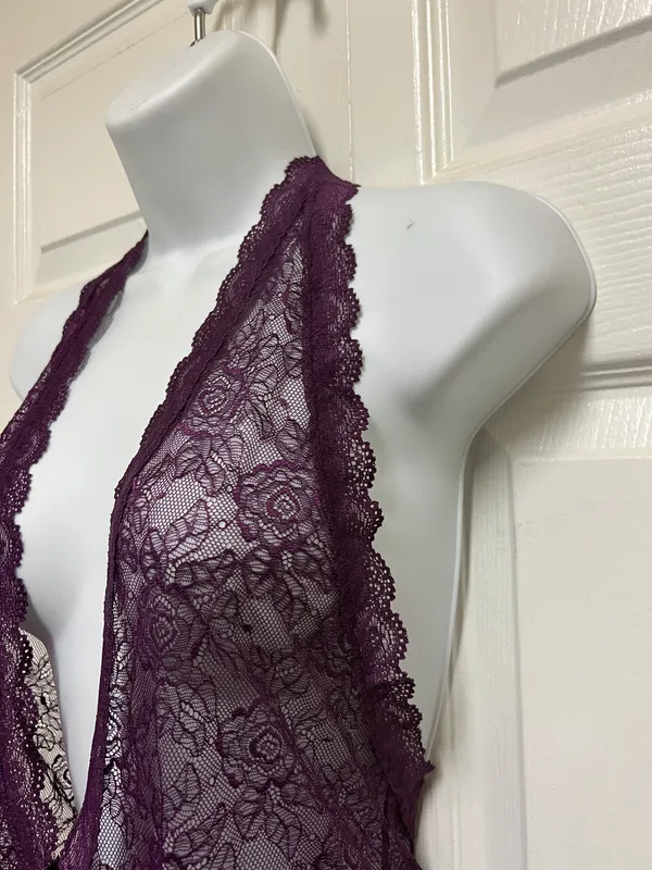 Purple Stretch Plunging Scalloped Lace Teddy - Image 4