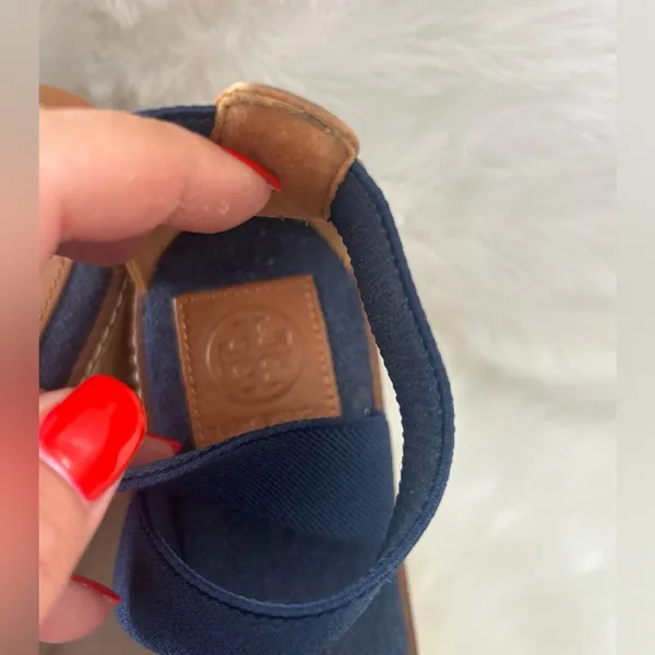 Tory Burch Frieda Espadrille 3.25” Platform Wedge Royal Blue Gold Tan Size 9 - Image 6