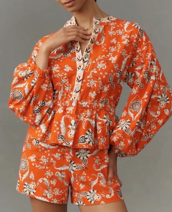 Farm Rio Button Front Balloon Sleeve Printed Romper, Size L - Image 3