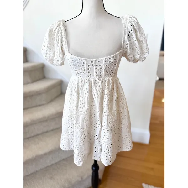 For Love & Lemons Becca White Eyelet Mini Corset Milkmaid Lace Trim Puff Sleeve - Image 2