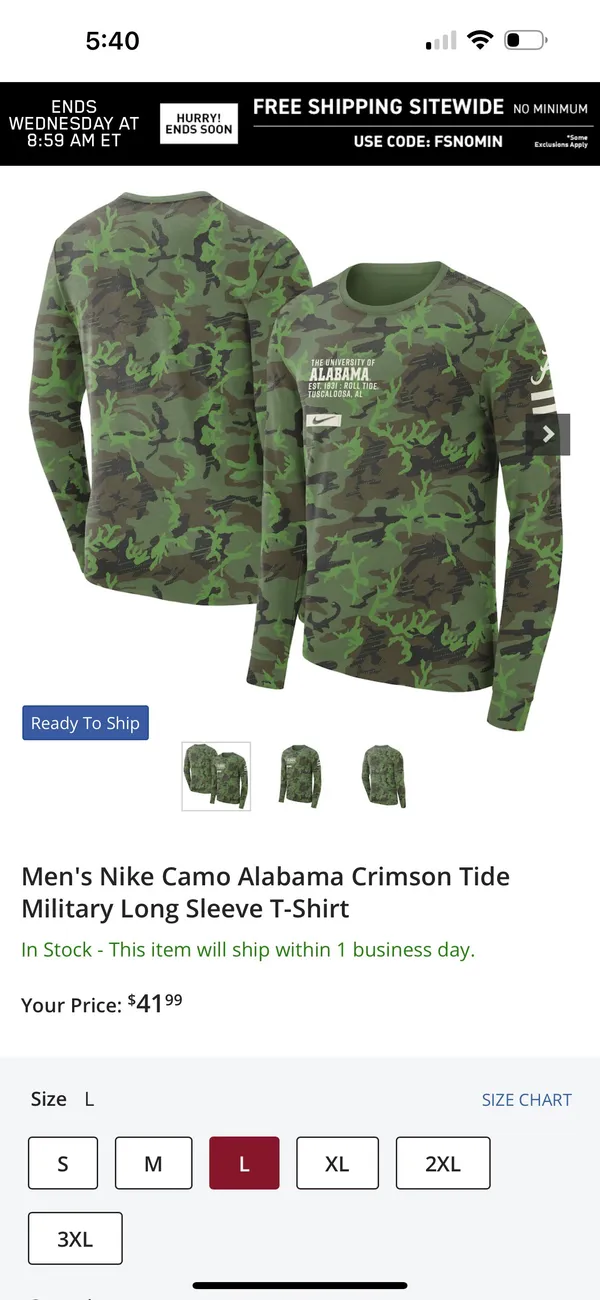 Nike Camo University of Alabama Military Long Sleeve T-Shirt - Large - Image 3