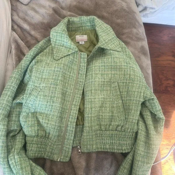 Green tweed kimchi blue crop bomber jacket - Image 2