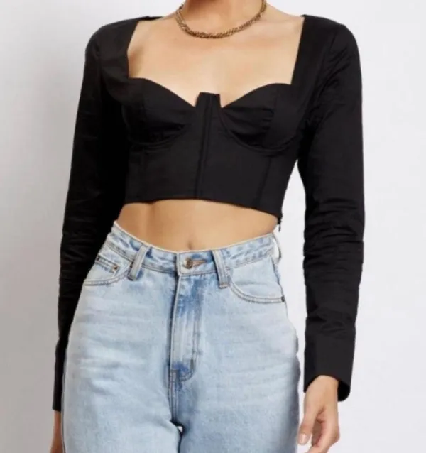 Black Long Sleeve Cropped Zahara Corset Shirt Blouse Top S - Image 2