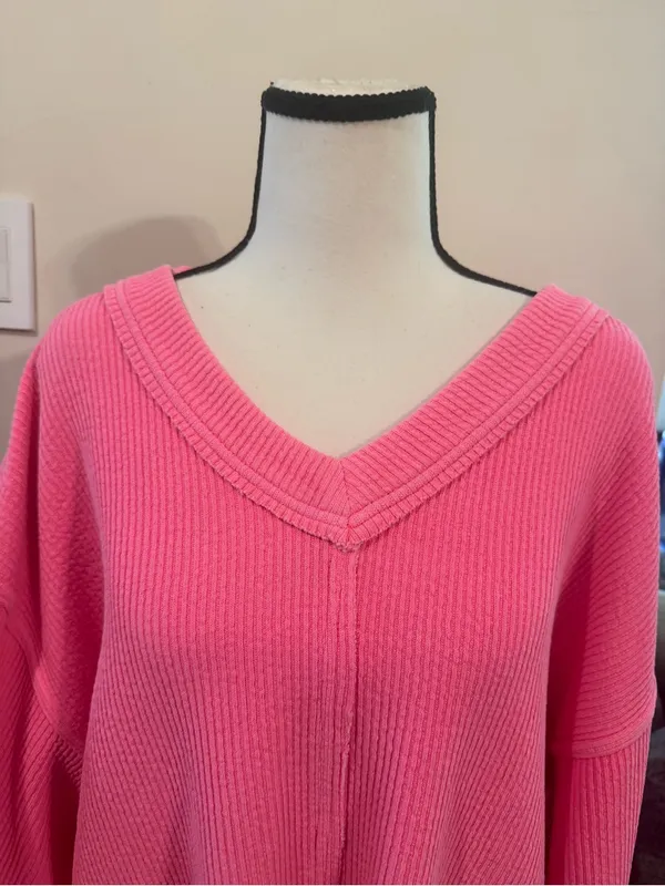 aerie Relaxed V-Neck Waffle Knit Sweater - Coral Pink - Image 5
