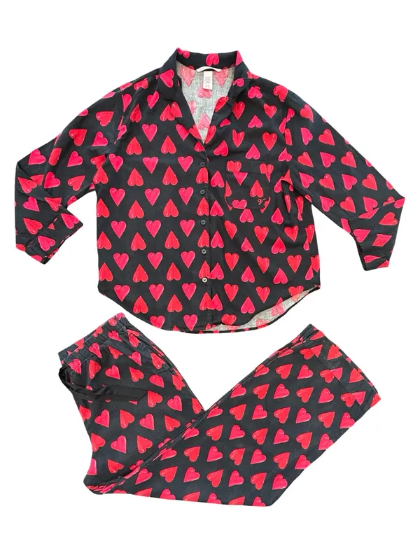 Victoria’s Secret Black Red Heart pattern Button Up cozy Flannel pajama Set SM - Image 3