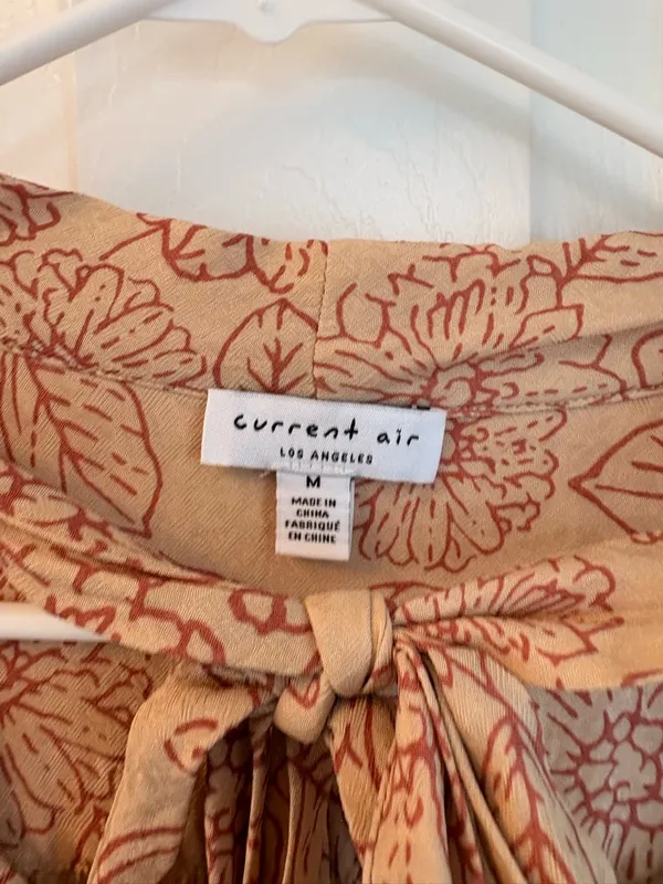 Current Air Floral Tie-Neck Blouse in Tan with Rust Print - Image 4