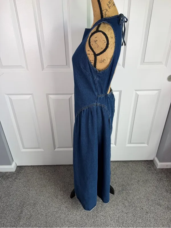 Poselle Denim Open Back Maxi Dress Size L Cotton Blend Sleeveless A-Line Dress - Image 3