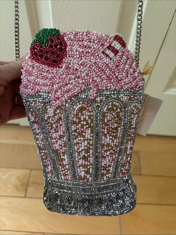 Made in India Beaded Pink and Silver Strawberry Milkshake Crossbody Bag - Image 2