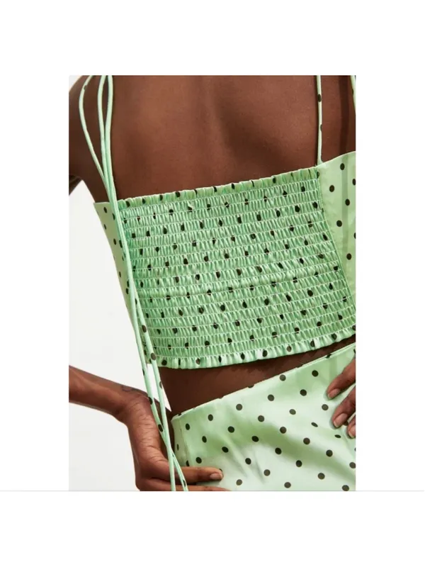 Zara Polka Dot Crop Top in Mint Green Adjustable Tie Strap- Size Small - Image 2