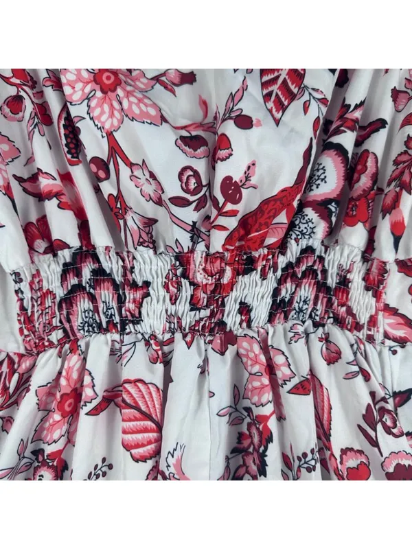 Floral V-Neck Midi Dress With Puff Sleeves & Ruffled Hem Red & White - Image 10