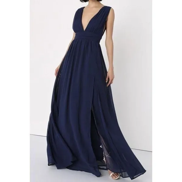 Lulus Dress Heavenly Hues Elegant Navy Blue Sleeveless Maxi Slit Size Small - Image 3