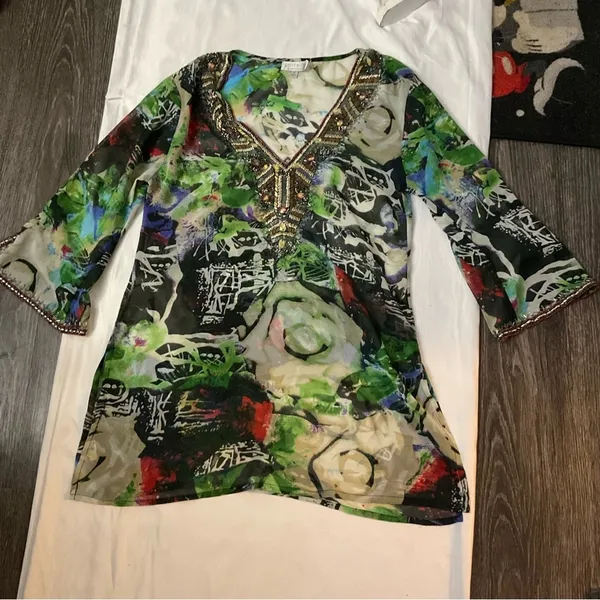Solitaire Ravi Khosla Embellished V-Neck Caftan Swim Beach Coverup M Boho Print - Image 5