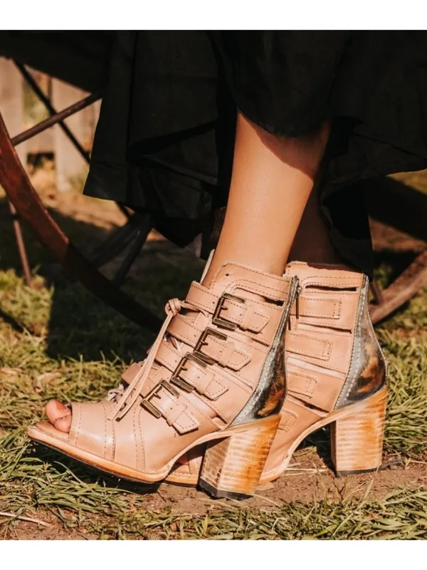 Freebird Braeden Blush Leather Tan Distressed Edgy Buckles Low Heel Sandals 10 - Image 5