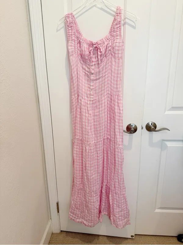 FRANKIE’S BIKINIS‎ Cristabelle Linen Maxi Dress Pink White Gingham Cottagecore - Image 2
