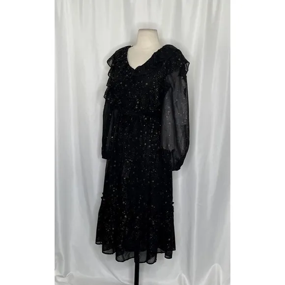 BY THE RIVER Chiffon Midi Dress Ruffled Black Gold Stars Party Glam Star Small‎ - Image 6