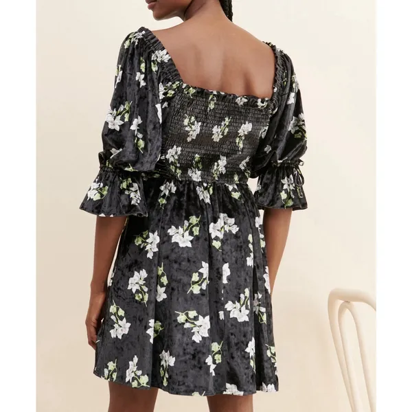 Hutch Velvet Floral Mini Dress Smocked Black Size Large Romantic Milkmaid - Image 4