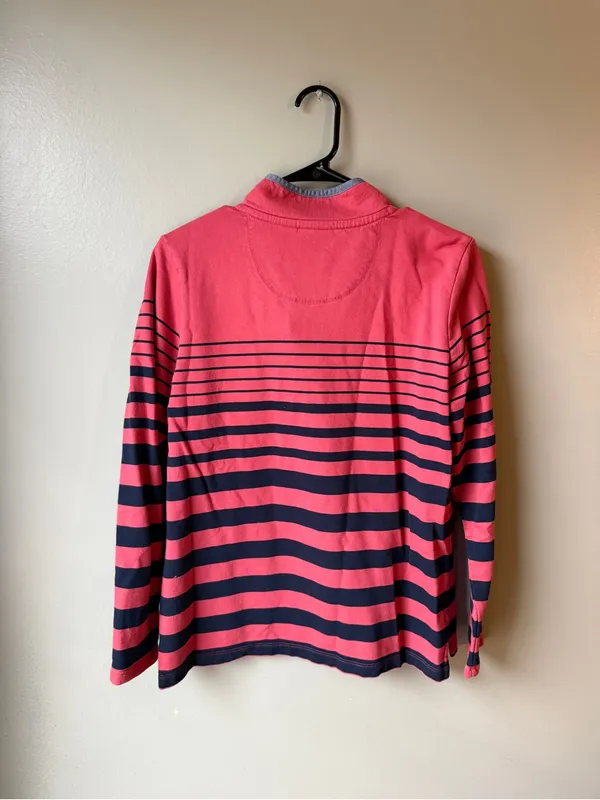 L.L.Bean Coral Pink Navy Striped Quarter Button Pullover Size Medium - Image 4