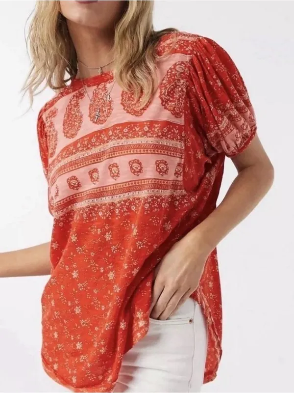 Free People Paisley Puff-Sleeve T-Shirt in Fruit Punch Combo - Image 5