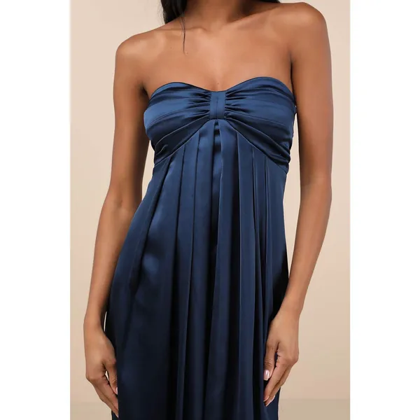 NWT Lulus Memorable Entrance Dark Blue Strapless Satin Maxi Dress Bridesmaid L - Image 6