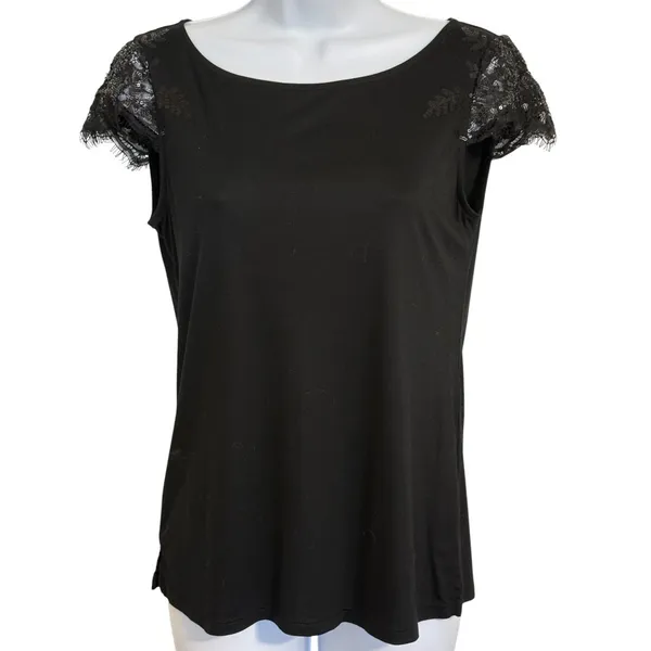 WHITE HOUSE BLACK MARKET Black Lace Sequin‎ Cap Sleeve Boat Neck Top EUC Size XS - Image 2