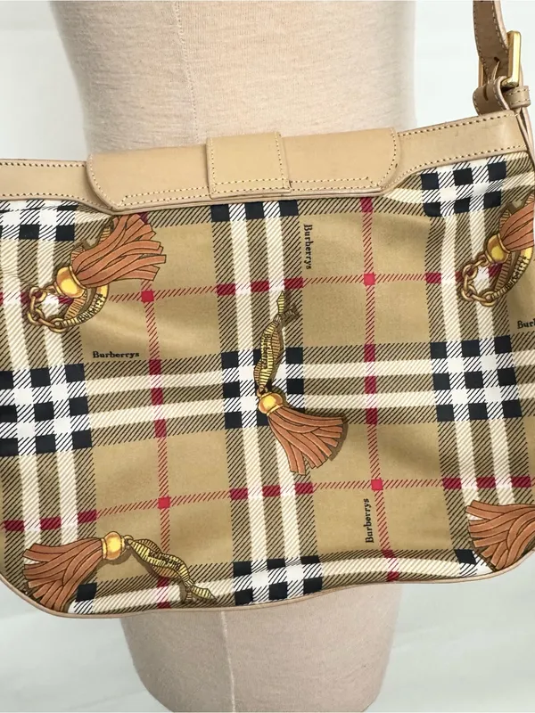 Burberry Nova Beige Plaid Leather-Trim Shoulder Bag “B” embellishment - Image 5