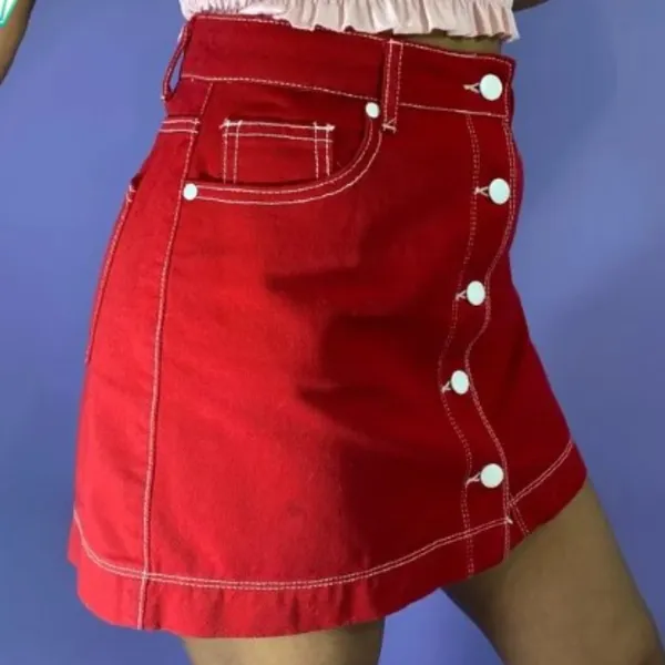 Forever 21 Womens Small Red Denim Mini‎ Skirt Button-Front - Image 3