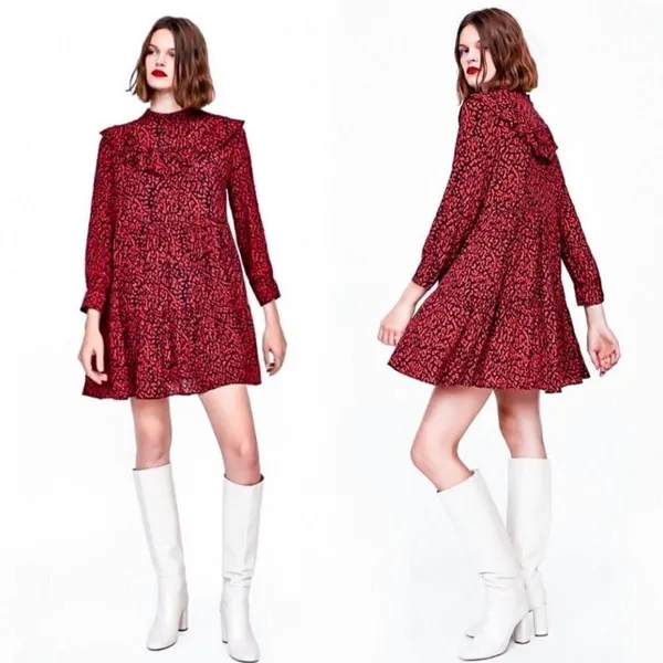 Zara‎ Red & Black Animal Print Ruffle Long Sleeve Mini Dress M - Image 2