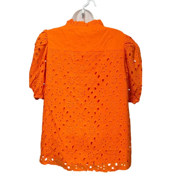 Orange Eyelet Cotton Puff‎ Sleeve Ruffle Neck Button Front Blouse Top Small - Image 2