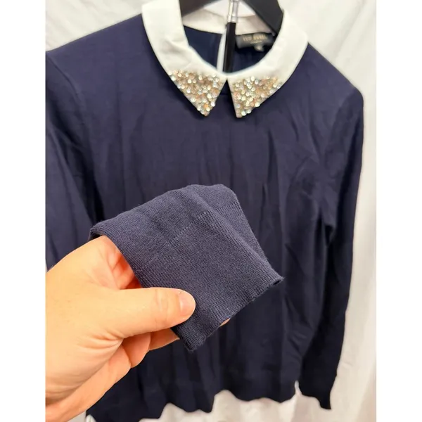 Ted Baker Liaylo Sparkle Rhinestone Collar Layered Sweater in Dark Navy Sz 2 - Image 7