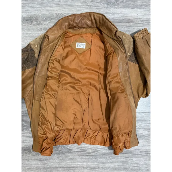 Vintage 80s Otello Pelle Leather Bomber Jacket L Patchwork Paisley Metallic Gold - Image 13