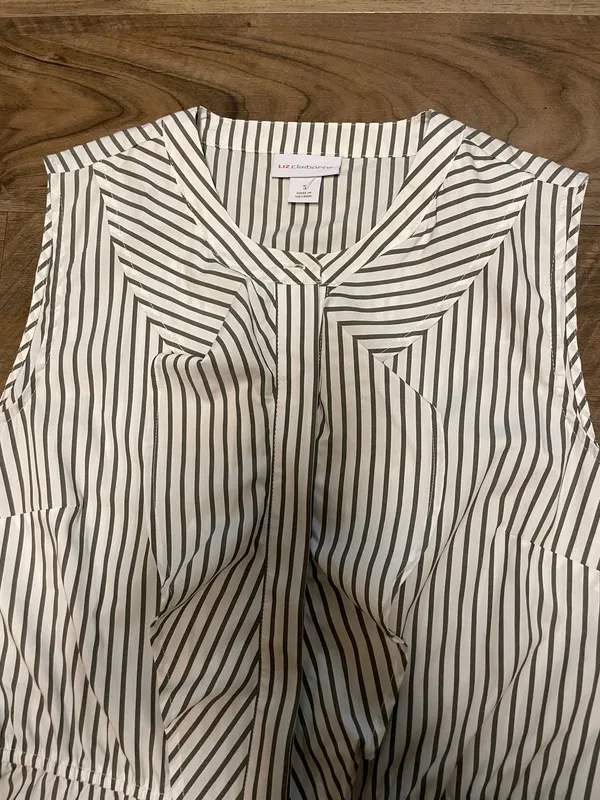 Liz Claiborne Sleeveless Olive and White Striped Peplum Cotton Top Size Small - Image 3