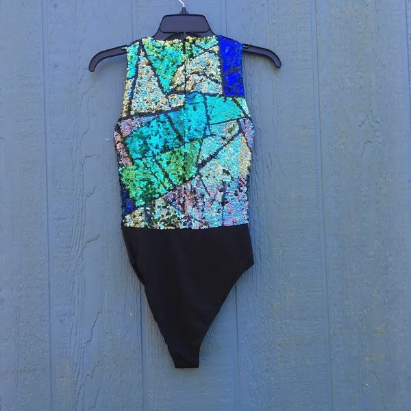 Oleg Cassini Black Tie Vintage Blue Green Sequin Sleeveless Dance Bodysuit S v6x - Image 2