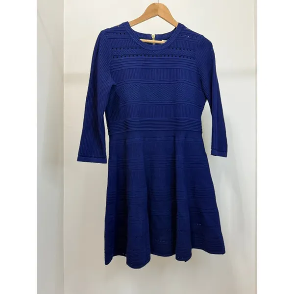 Eliza J Navy Textured Knit Fit and Flare Sweater Dress SzL - Image 2